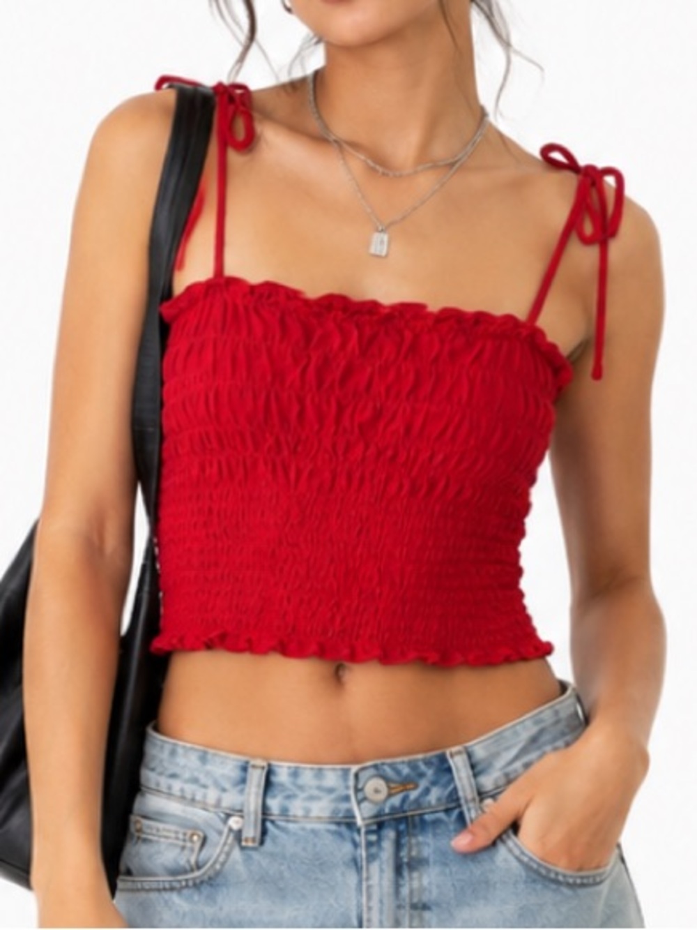 H&M Divided Smocked, Tie Shoulder Crop Top